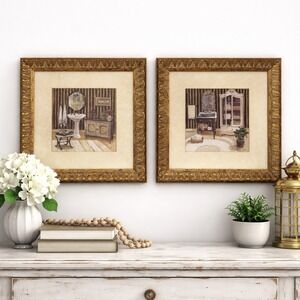 Pair Vintage Charlene Winterle Olson Framed Art Prints Bathroom Vanity Sears Tag